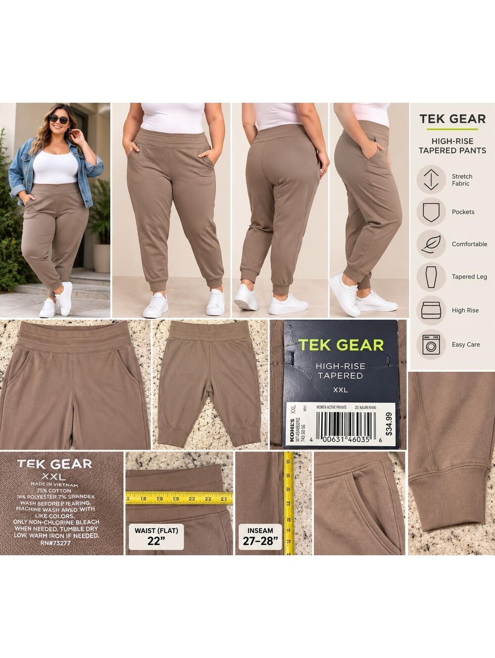 NWT Tek Gear XXL High Rise Tapered Jogger Pants Kalari Khaki Stretch